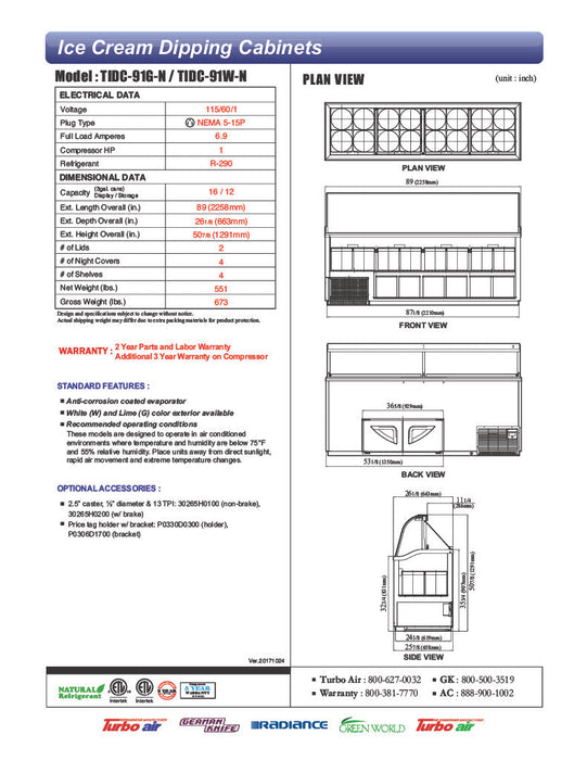 Turbo Air TIDC-91G-N 89" Stand-Alone Ice Cream Freezer w/ (16) 3 gal Tub Capacity - Green, 115v - Donut-Supplies.Com