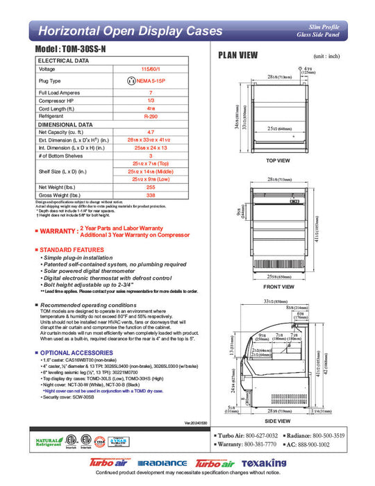 Turbo Air TOM-30SS-N 28 1/8" Horizontal Open Air Cooler w/ (3) Levels, 115 - Donut-Supplies.Com