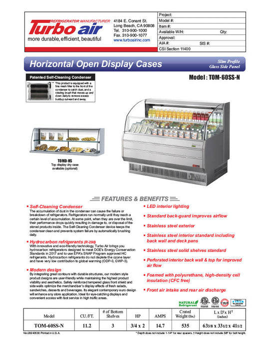 Turbo Air TOM-60SS-N 63 3/8" Slim Line Horizontal Open Air Cooler w/ (3) Shelves – Stainless Steel Exterior, 115v - Donut-Supplies.Com