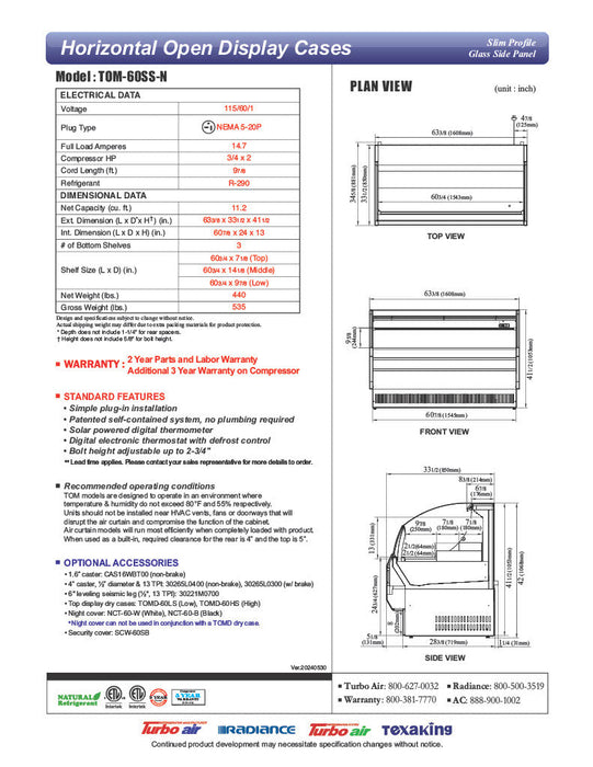 Turbo Air TOM-60SS-N 63 3/8" Slim Line Horizontal Open Air Cooler w/ (3) Shelves – Stainless Steel Exterior, 115v - Donut-Supplies.Com
