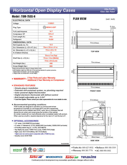 Turbo Air TOM-75SS-N 75 3/4" Slim Line Horizontal Open Air Cooler w/ (3) Shelves – Stainless Steel Exterior, 115v - Donut-Supplies.Com