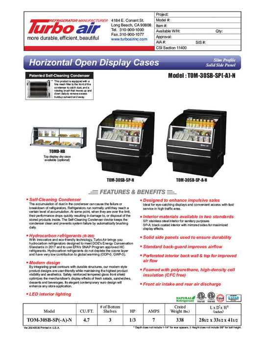 Turbo Air TOM-30SB-SP-N 28" Black Horizontal Refrigerated Open Curtain Merchandiser w/ Stainless Steel Interior – Slim Line, 115v - Donut-Supplies.Com