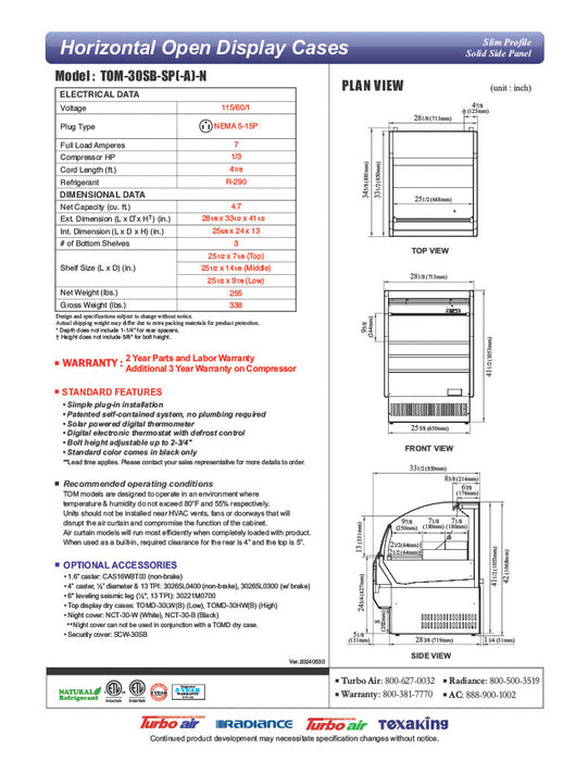 Turbo Air TOM-30SB-SP-N 28" Black Horizontal Refrigerated Open Curtain Merchandiser w/ Stainless Steel Interior – Slim Line, 115v - Donut-Supplies.Com
