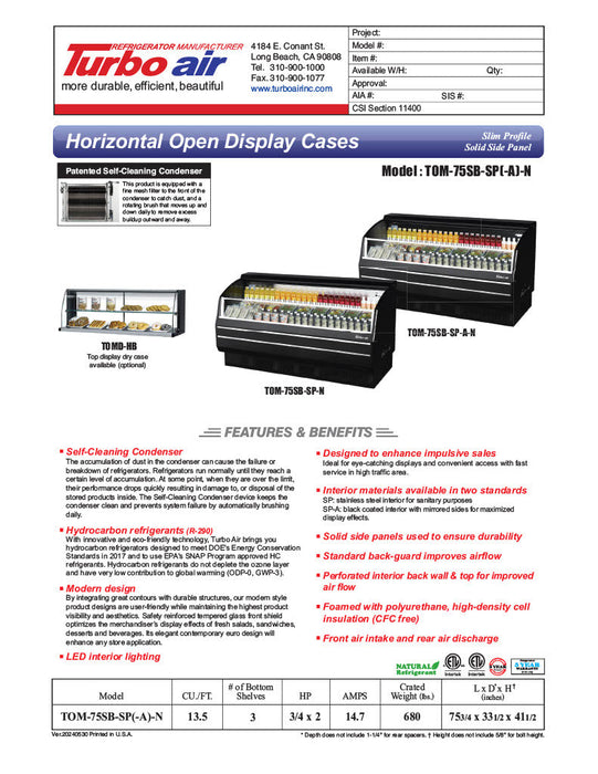 Turbo Air TOM-75SB-SP-N 75 3/4" Black Horizontal Open Air Cooler w/ (3) Levels, Stainless Steel Interior – Slim Line, 115v - Donut-Supplies.Com