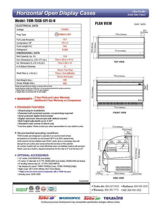 Turbo Air TOM-75SB-SP-N 75 3/4" Black Horizontal Open Air Cooler w/ (3) Levels, Stainless Steel Interior – Slim Line, 115v - Donut-Supplies.Com