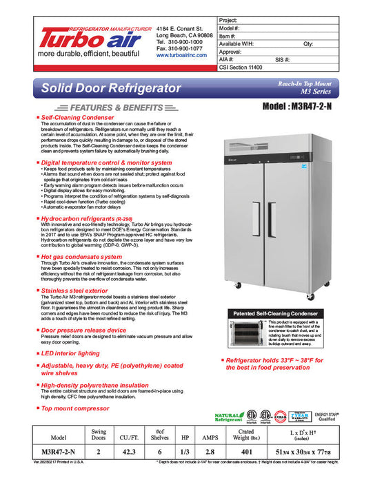 Turbo Air M3R47-2-N 51" Two Section Reach-In Refrigerator w/ (2) Solid Doors – Top Mount, Stainless Exterior, Aluminum Interior, 115v - Donut-Supplies.Com