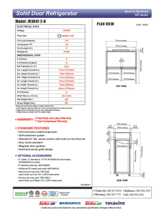 Turbo Air M3R47-2-N 51" Two Section Reach-In Refrigerator w/ (2) Solid Doors – Top Mount, Stainless Exterior, Aluminum Interior, 115v - Donut-Supplies.Com