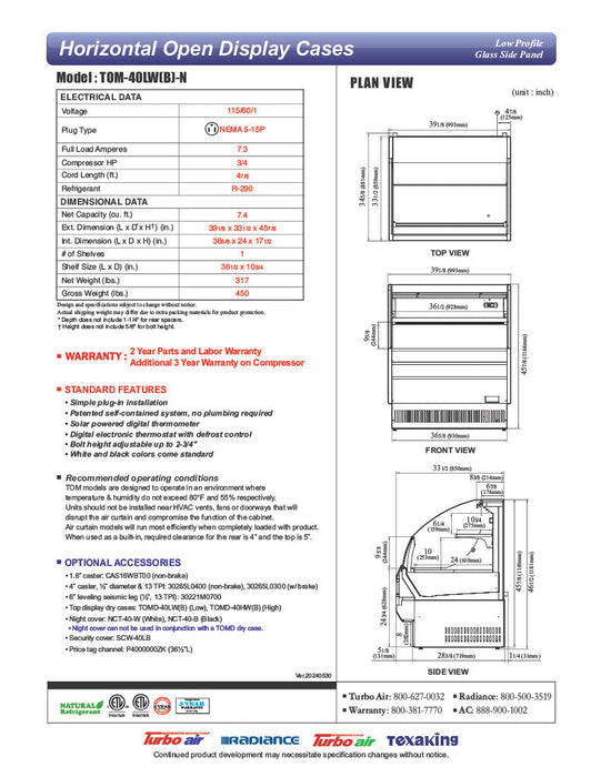 Turbo Air TOM-40LB-N 39" Horizontal Open Air Cooler w/ (2) Levels – Low Profile, Black Exterior, 115v - Donut-Supplies.Com