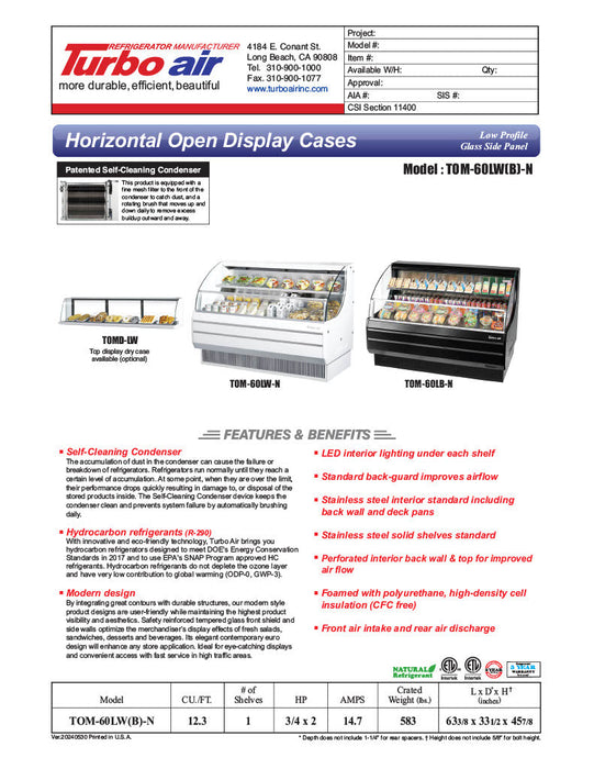 Turbo Air TOM-60LB-N 63 1/4" Horizontal Open Air Cooler w/ (2) Levels – Low Profile, Black Exterior, 115v - Donut-Supplies.Com