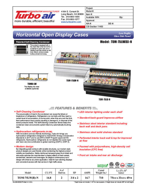 Turbo Air TOM-75LB-N 75 5/8" Horizontal Open Air Cooler w/ (2) Levels – Low Profile Display Merchandiser, Black Exterior, 115v - Donut-Supplies.Com