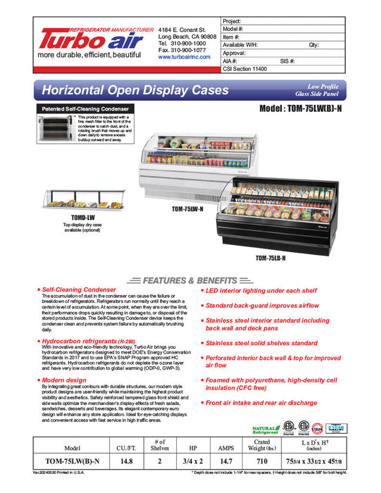 Turbo Air TOM-75LB-N 75 5/8" Horizontal Open Air Cooler w/ (2) Levels – Low Profile Display Merchandiser, Black Exterior, 115v - Donut-Supplies.Com