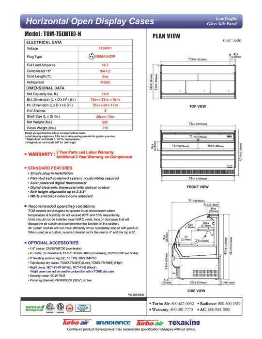 Turbo Air TOM-75LW-N 75 5/8" Horizontal Open Air Cooler w/ (2) Levels – Low Profile Display Merchandiser, White Exterior, 115v - Donut-Supplies.Com