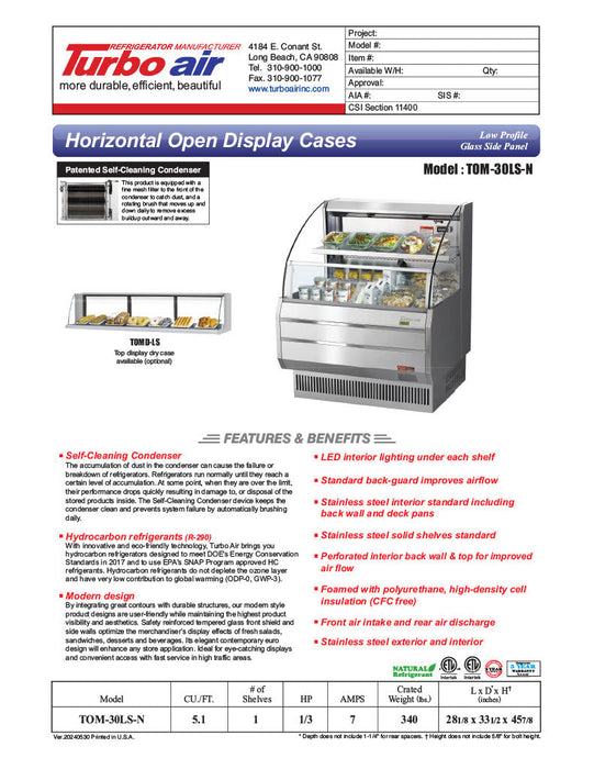 Turbo Air TOM-30LS-N 28 1/8" Horizontal Open Air Cooler w/ (2) Levels – Slim Line Display Merchandiser, 115v - Donut-Supplies.Com
