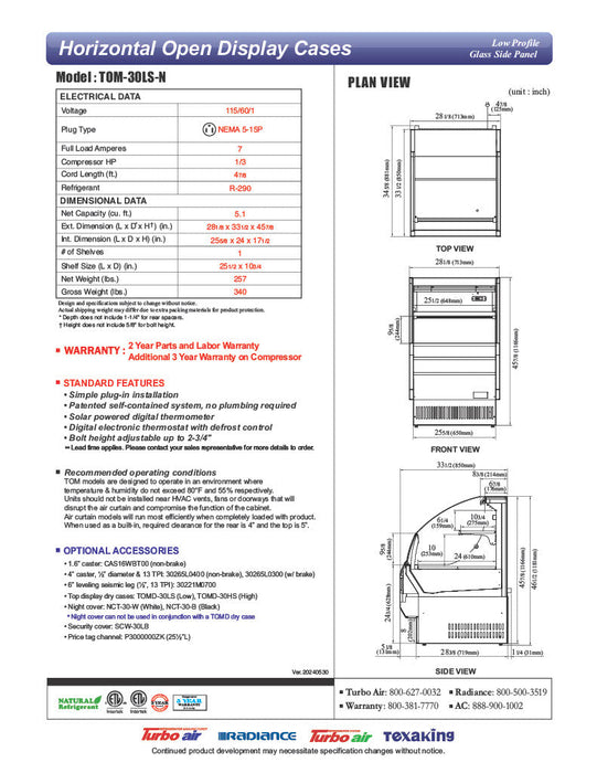 Turbo Air TOM-30LS-N 28 1/8" Horizontal Open Air Cooler w/ (2) Levels – Slim Line Display Merchandiser, 115v - Donut-Supplies.Com