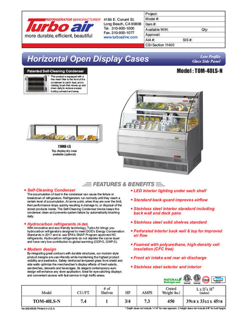 Turbo Air TOM-40LS-N 39" Low Profile Horizontal Open Air Cooler – Stainless Steel Display Merchandiser, (2) Levels, 115v - Donut-Supplies.Com