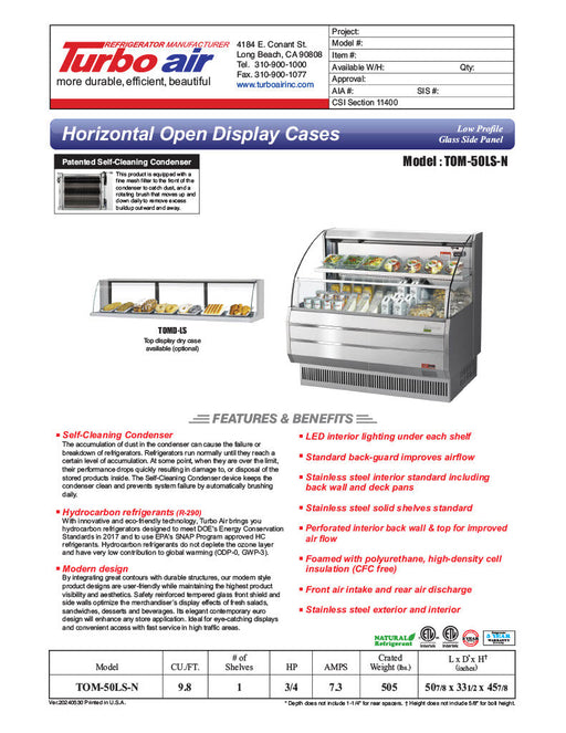 Turbo Air TOM-50LS-N 50" Low Profile Horizontal Open Air Cooler – Stainless Steel Refrigerated Merchandiser w/ (2) Levels, 115v - Donut-Supplies.Com