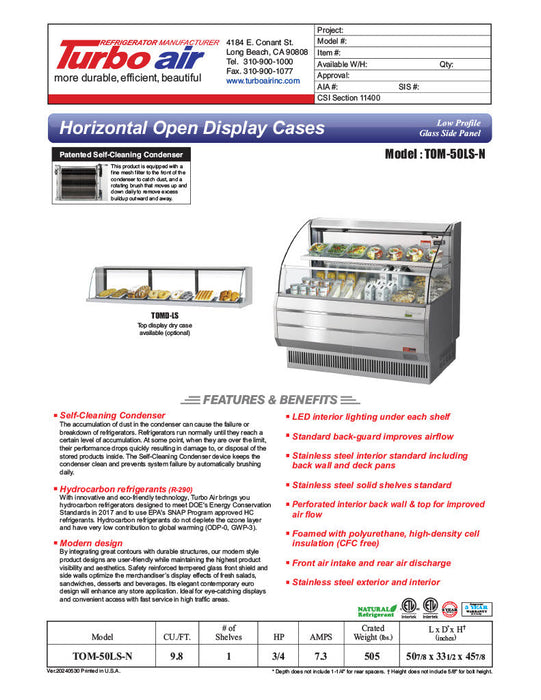 Turbo Air TOM-50LS-N 50" Low Profile Horizontal Open Air Cooler – Stainless Steel Refrigerated Merchandiser w/ (2) Levels, 115v - Donut-Supplies.Com