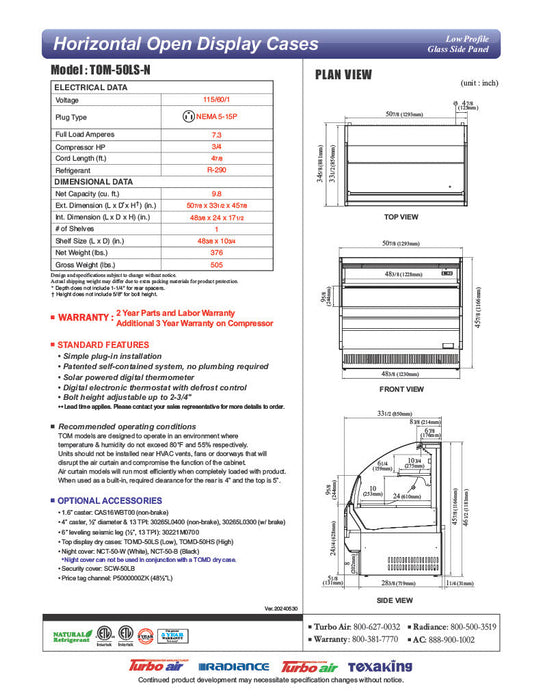Turbo Air TOM-50LS-N 50" Low Profile Horizontal Open Air Cooler – Stainless Steel Refrigerated Merchandiser w/ (2) Levels, 115v - Donut-Supplies.Com