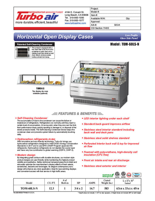 Turbo Air TOM-60LS-N 63" Low Profile Horizontal Open Air Cooler – Stainless Steel Refrigerated Curtain Merchandiser w/ (2) Levels, 115v - Donut-Supplies.Com