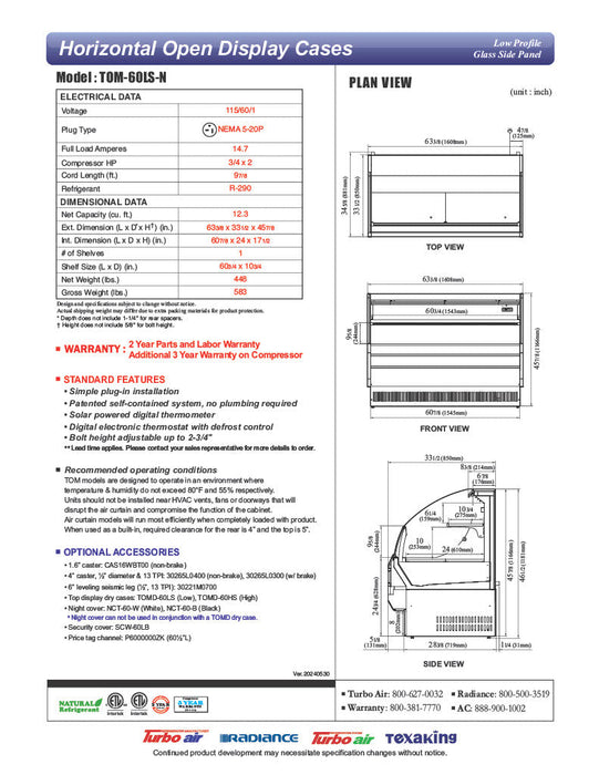Turbo Air TOM-60LS-N 63" Low Profile Horizontal Open Air Cooler – Stainless Steel Refrigerated Curtain Merchandiser w/ (2) Levels, 115v - Donut-Supplies.Com