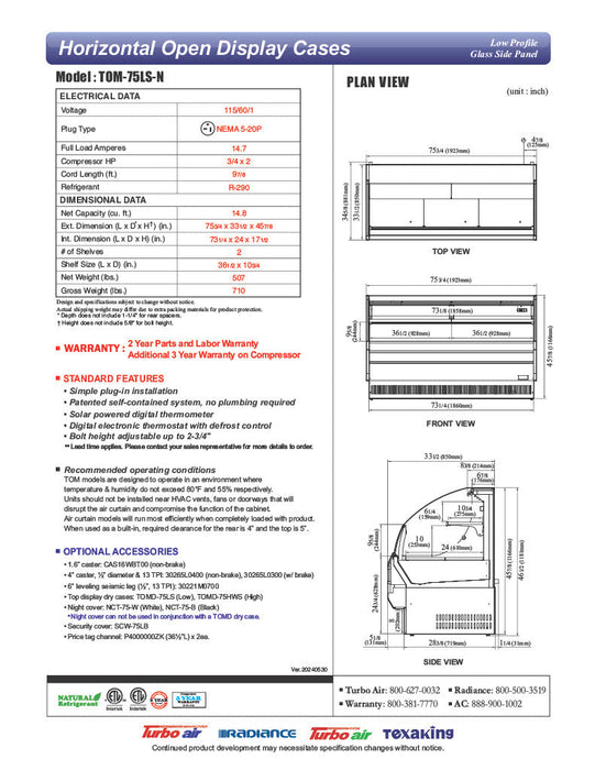 Turbo Air TOM-75LS-N 75" Low Profile Horizontal Open Air Cooler – Stainless Steel Refrigerated Curtain Merchandiser w/ (2) Levels, 115v - Donut-Supplies.Com