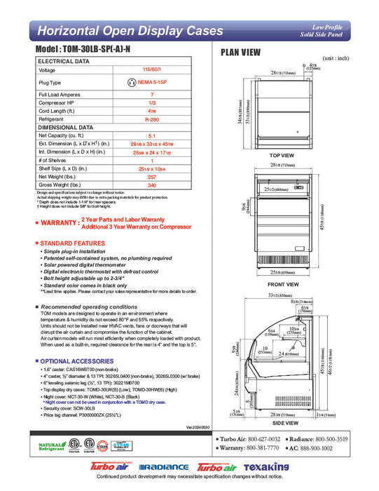 Turbo Air TOM-30LB-SP-N 28 1/8" Black Low Profile Horizontal Open Air Cooler – Refrigerated Curtain Merchandiser w/ (2) Levels, 115v - Donut-Supplies.Com