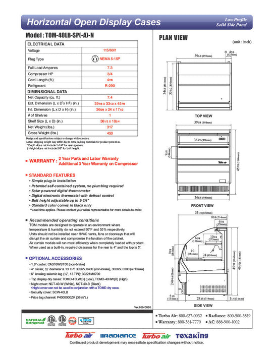 Turbo Air TOM-40LB-SP-N 39 1/8" Black Low Profile Horizontal Open Air Cooler – Refrigerated Curtain Merchandiser w/ (2) Levels, 115v - Donut-Supplies.Com