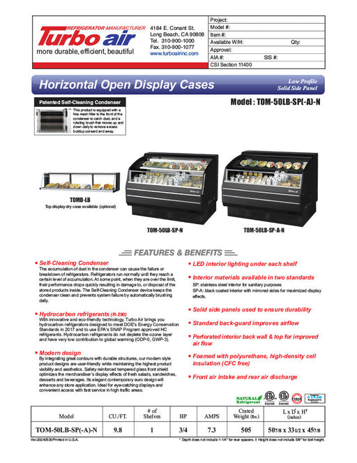 Turbo Air TOM-50LB-SP-N 50 7/8" Black Low Profile Horizontal Open Air Cooler – Refrigerated Curtain Merchandiser w/ (2) Levels, 115v - Donut-Supplies.Com