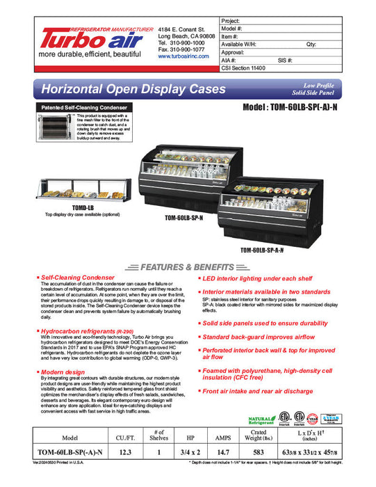 Turbo Air TOM-60LB-SP-N 63 3/8" Black Low Profile Horizontal Open Air Cooler – Refrigerated Merchandiser w/ (2) Levels, 115v - Donut-Supplies.Com