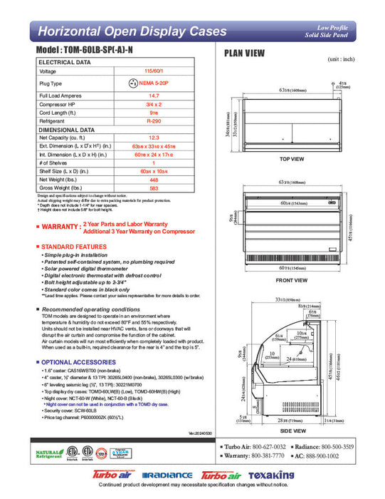 Turbo Air TOM-60LB-SP-N 63 3/8" Black Low Profile Horizontal Open Air Cooler – Refrigerated Merchandiser w/ (2) Levels, 115v - Donut-Supplies.Com