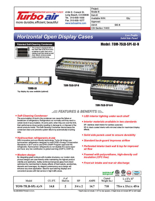 Turbo Air TOM-75LB-SP-N 75 3/4" Black Low Profile Horizontal Open Air Cooler – Refrigerated Merchandiser w/ (2) Levels, 115v - Donut-Supplies.Com