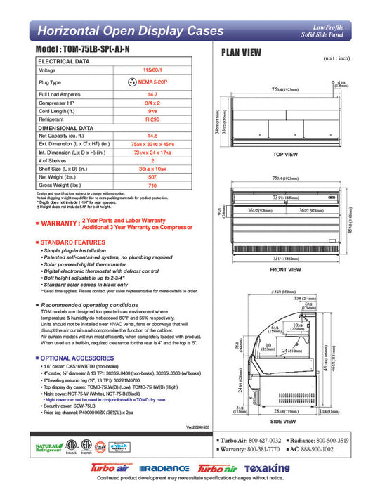Turbo Air TOM-75LB-SP-N 75 3/4" Black Low Profile Horizontal Open Air Cooler – Refrigerated Merchandiser w/ (2) Levels, 115v - Donut-Supplies.Com