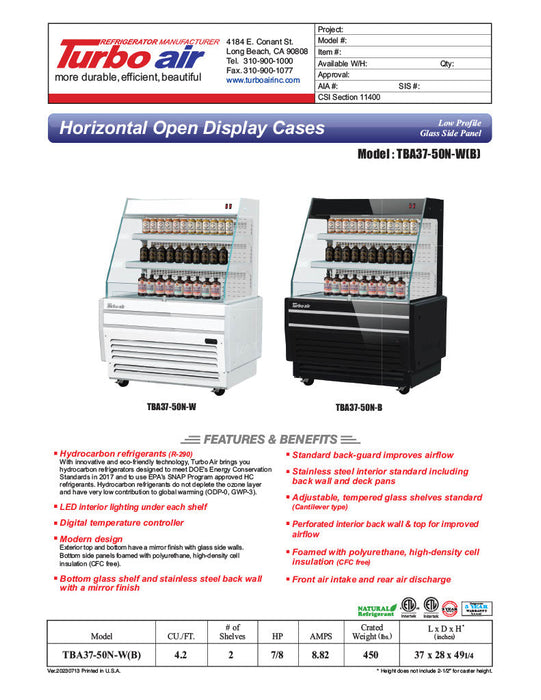 Turbo Air TBA37-50N-W 37" White Horizontal Refrigerated Open Display Merchandiser w/ (2) Shelves, 115v - Donut-Supplies.Com