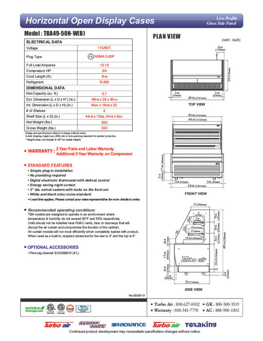 Turbo Air TBA49-50N-W 49" White Horizontal Refrigerated Open Display Merchandiser w/ (2) Shelves, 115v - Donut-Supplies.Com
