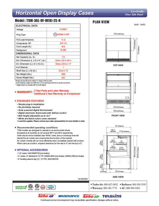 Turbo Air TOM-36L-UF-W-2S-N 34 3/4" White Low Profile Horizontal Open Air Cooler w/ (2) Levels – Ultra Front Merchandiser, 115v - Donut-Supplies.Com