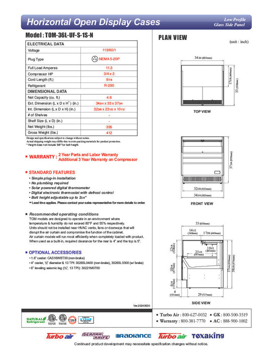 Turbo Air TOM-36L-UF-S-1S-N 35" Stainless Steel Low Profile Horizontal Open Air Cooler w/ (1) Level – Ultra Front Merchandiser, 115v - Donut-Supplies.Com