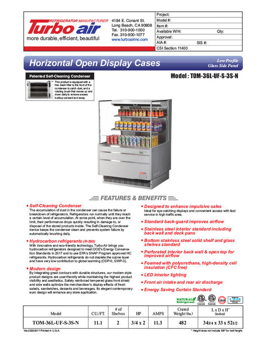Turbo Air TOM-36L-UF-S-3S-N 35" Stainless Steel Low Profile Horizontal Open Air Cooler w/ (3) Levels – Ultra Front Merchandiser, 115v - Donut-Supplies.Com