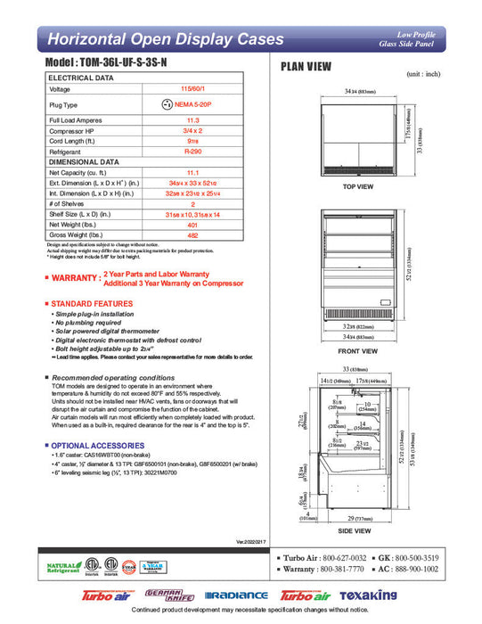 Turbo Air TOM-36L-UF-S-3S-N 35" Stainless Steel Low Profile Horizontal Open Air Cooler w/ (3) Levels – Ultra Front Merchandiser, 115v - Donut-Supplies.Com