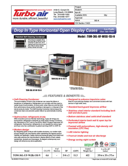 Turbo Air TOM-36L-UF-W-1SI-N 35 7/8" Drop-In Horizontal Open Air Cooler w/ (1) Level – White Exterior, 115v - Donut-Supplies.Com