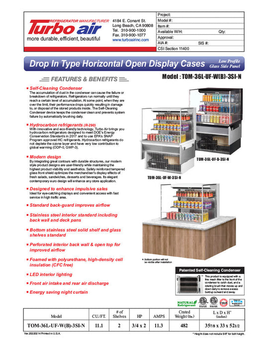 Turbo Air TOM-36L-UF-B-3SI-N 35 7/8" Drop-In Horizontal Open Air Cooler w/ (3) Levels – Black Exterior, 115v - Donut-Supplies.Com