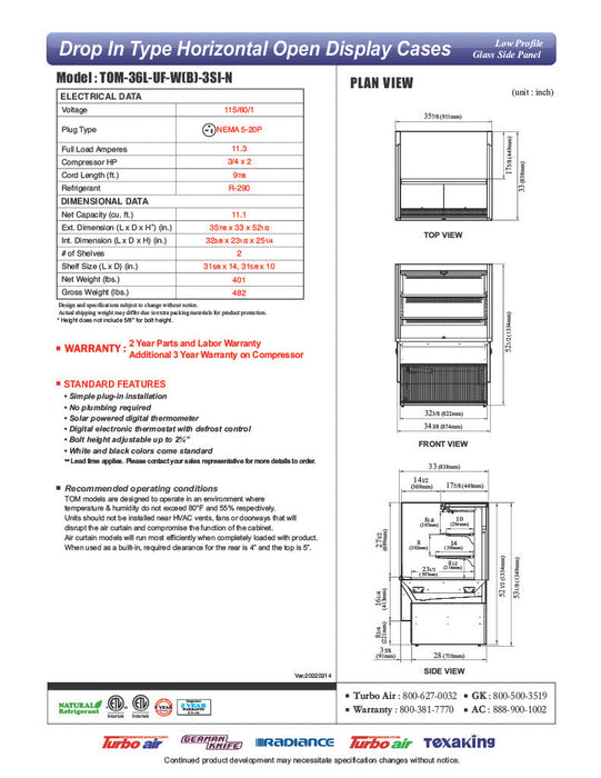 Turbo Air TOM-36L-UF-B-3SI-N 35 7/8" Drop-In Horizontal Open Air Cooler w/ (3) Levels – Black Exterior, 115v - Donut-Supplies.Com
