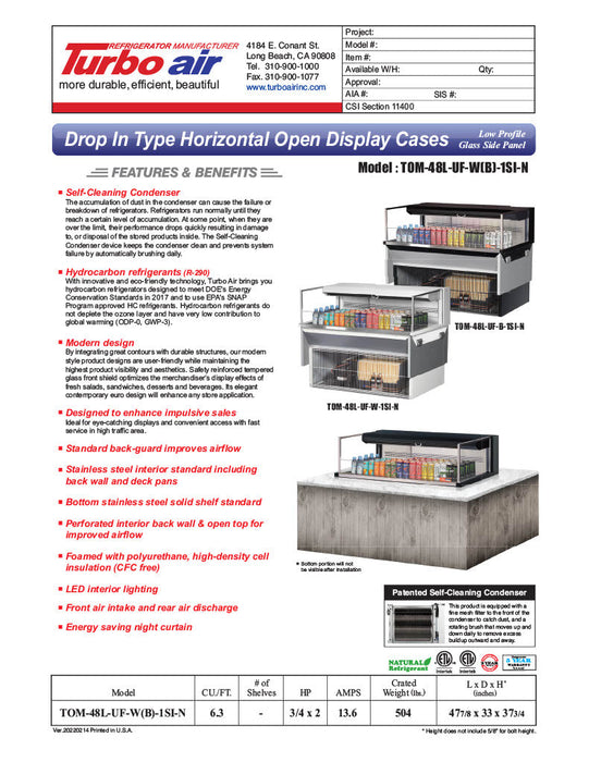 Turbo Air TOM-48L-UF-B-1SI-N 47 7/8" Drop-In Horizontal Open Air Cooler w/ (1) Level – Black Exterior, 115v - Donut-Supplies.Com