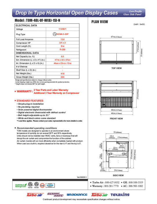 Turbo Air TOM-48L-UF-B-1SI-N 47 7/8" Drop-In Horizontal Open Air Cooler w/ (1) Level – Black Exterior, 115v - Donut-Supplies.Com