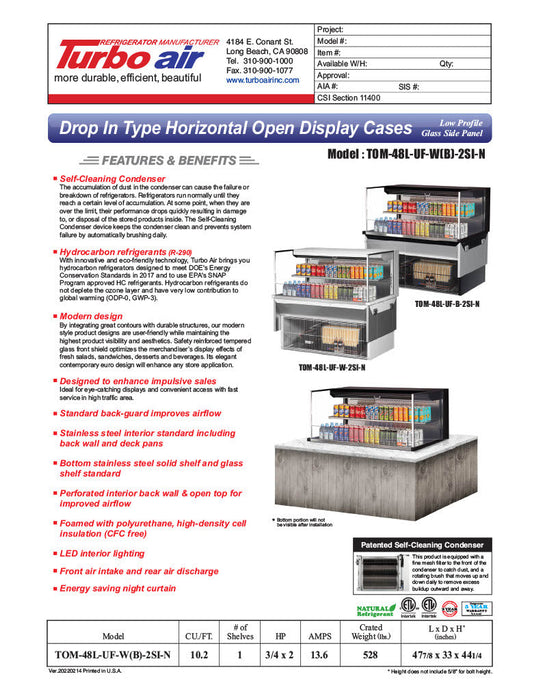 Turbo Air TOM-48L-UF-B-2SI-N 47 7/8" Drop-In Horizontal Open Air Cooler w/ (2) Levels – Black Exterior, 115v - Donut-Supplies.Com