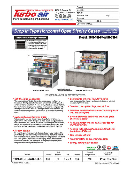 Turbo Air TOM-48L-UF-B-3SI-N 47 7/8" Drop-In Horizontal Open Air Cooler w/ (3) Levels – Black Exterior, 115v - Donut-Supplies.Com