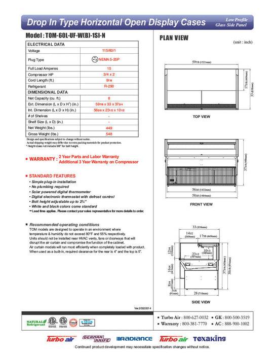 Turbo Air TOM-60L-UF-W-1SI-N 59 7/8" Drop-In Horizontal Open Air Cooler w/ (1) Level – White Exterior, 115v - Donut-Supplies.Com