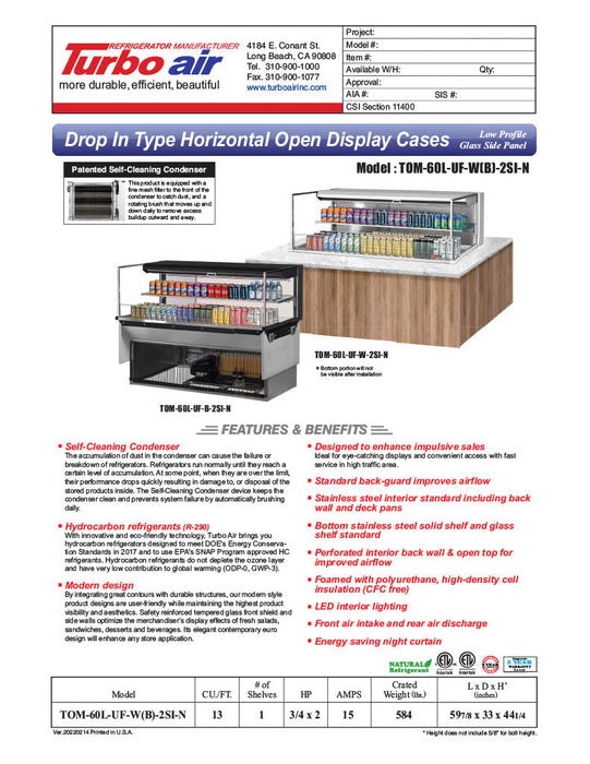 Turbo Air TOM-60L-UF-W-2SI-N 59 7/8" Drop-In Horizontal Open Air Cooler w/ (2) Levels – White Exterior, 115v - Donut-Supplies.Com
