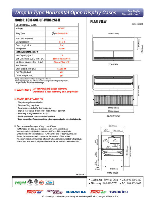 Turbo Air TOM-60L-UF-W-2SI-N 59 7/8" Drop-In Horizontal Open Air Cooler w/ (2) Levels – White Exterior, 115v - Donut-Supplies.Com