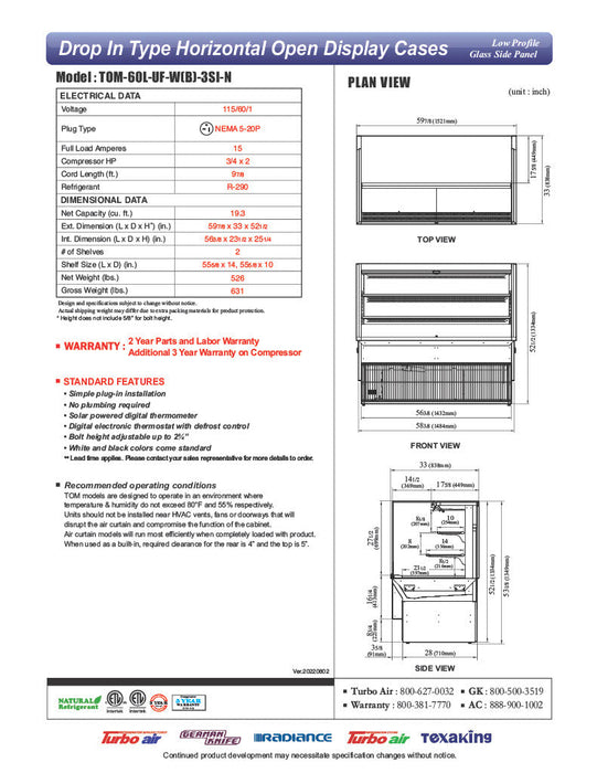 Turbo Air TOM-60L-UF-W-3SI-N 59 7/8" Drop-In Horizontal Open Air Cooler w/ (3) Levels – White Exterior, 115v - Donut-Supplies.Com