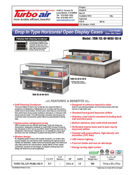 Turbo Air TOM-72L-UF-W-1SI-N 71 7/8" Drop-In Horizontal Open Air Cooler w/ (1) Level – White Exterior, 220v/1ph - Donut-Supplies.Com